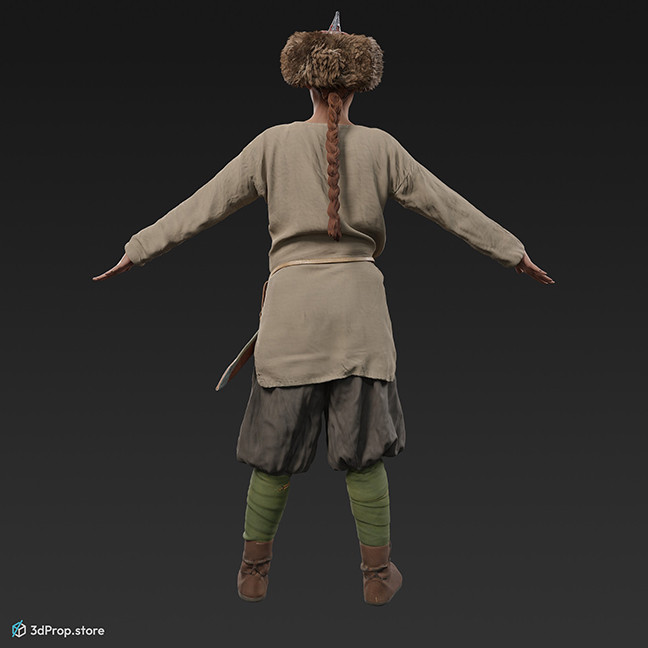 3D scan of a  viking warrior woman standing in an A posture, wearing leather and wool clothes, from 980, Europe.