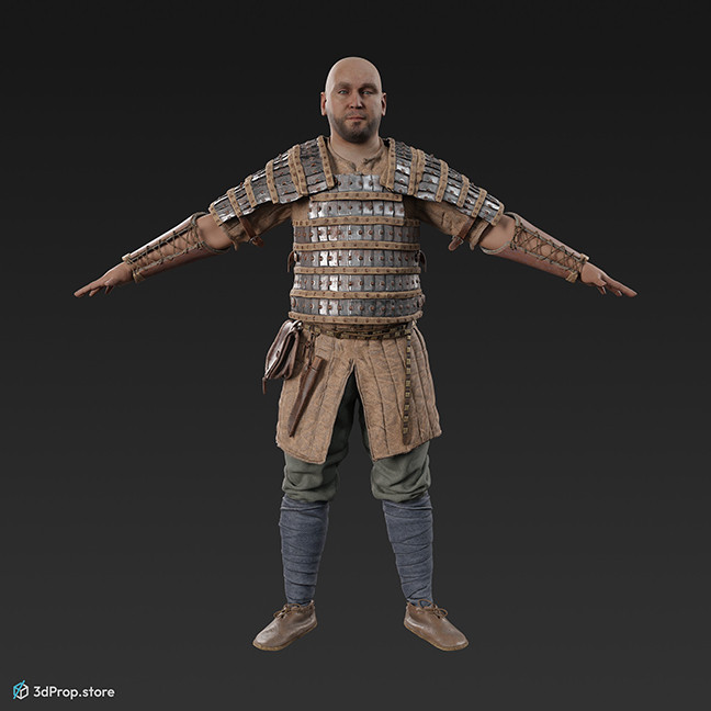3D scan of a slavic elite warrior man standing in an A-pose, wearing linen, wool and leather clothing with lamellar metal armour from the 1000, Europe.