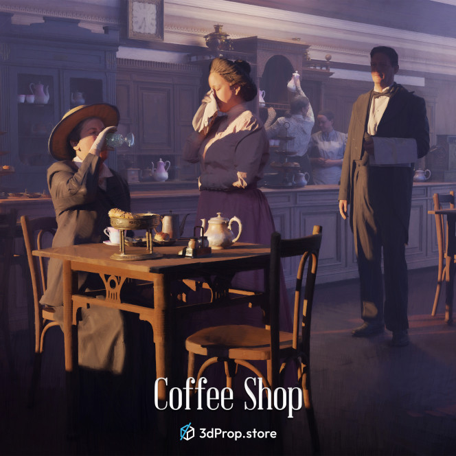 3D scanned prop, furniture and costume models, and textures in a bundle. The included items are representative of a coffee shop from the early 20th century.