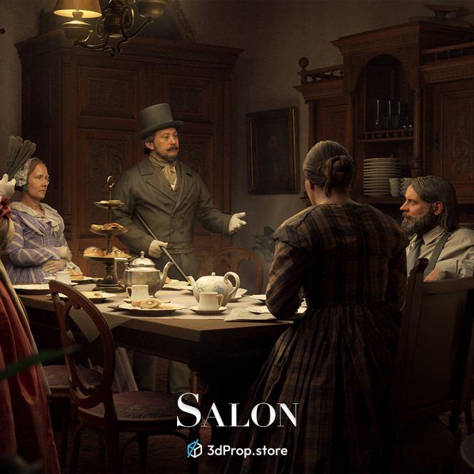 3D scanned prop, furniture, and costume models and textures in a bundle. It represents a salon from late 19th century.