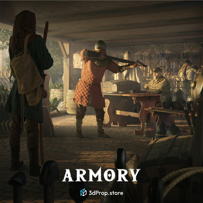 3D scanned prop, furniture and costume models, and textures in a bundle. The included items are representative of an armoury from the Middle Ages.