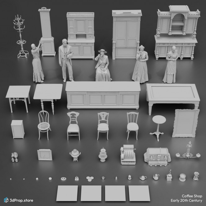 3D scanned prop, furniture and costume models, and textures in a bundle. The included items are representative of a coffee shop from the early 20th century.