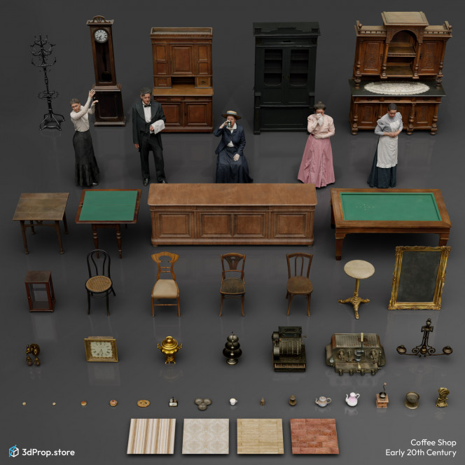 3D scanned prop, furniture and costume models, and textures in a bundle. The included items are representative of a coffee shop from the early 20th century.