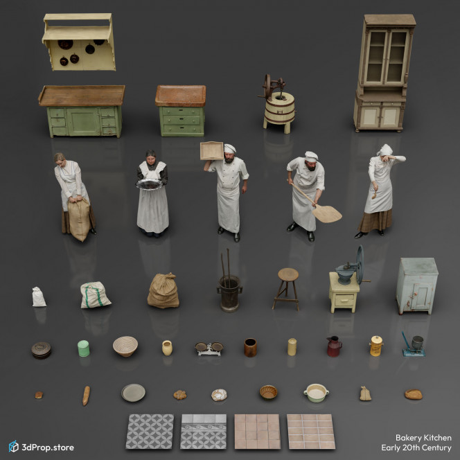 3D scanned prop, furniture, and costume models and textures in a bundle. It represents a bakery kitchen from the early 20th century.