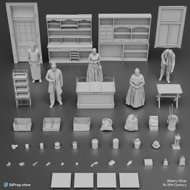 3D scanned prop, furniture, and costume models and textures in a bundle. It represents a bakery shop from the 18th or 19th century.