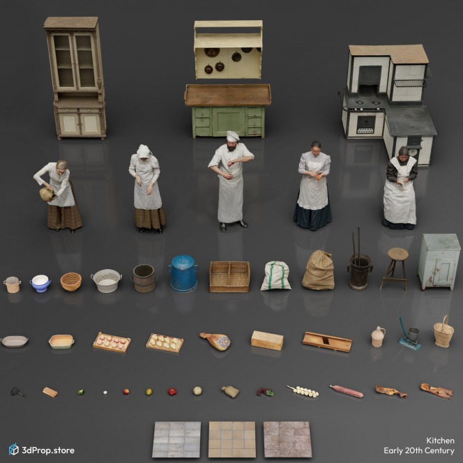 3D scanned prop, furniture, and costume models and textures in a bundle. It represents a kitchen from the early 20th century.