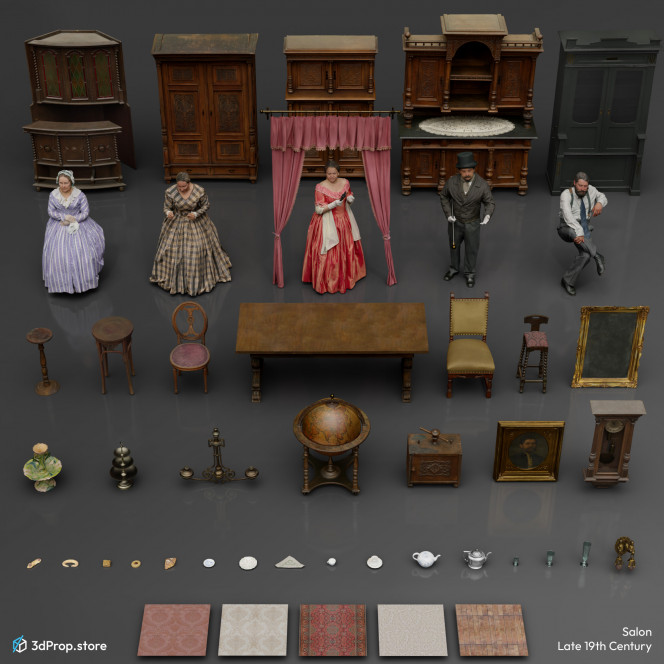 3D scanned prop, furniture, and costume models and textures in a bundle. It represents a salon from late 19th century.