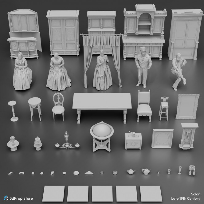 3D scanned prop, furniture, and costume models and textures in a bundle. It represents a salon from late 19th century.