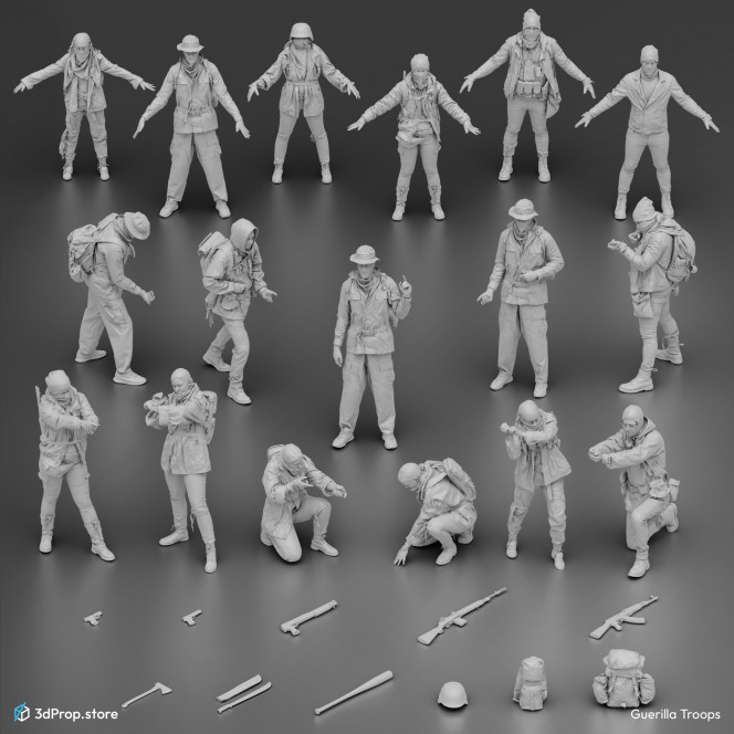 3D scanned character and equipment models in a bundle. Representing a bunch of people who could be part of a resistance rebellion in the late 20th century or early 21th century.