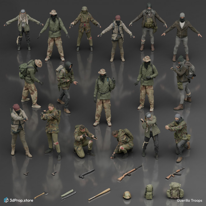 3D scanned character and equipment models in a bundle. Representing a bunch of people who could be part of a resistance rebellion in the late 20th century or early 21th century.