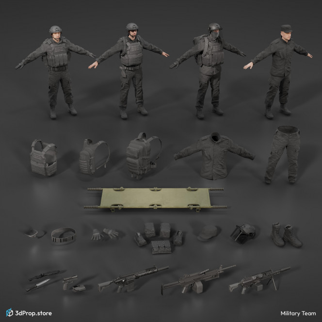 3D modelled and scanned military uniform parts, weapons and equipped soldiers. The 3D models showcasing modern military uniform parts and the many possibilities of wearing these equipments on soldiers.