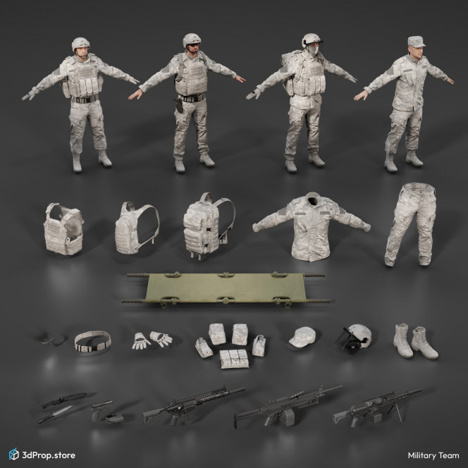 3D modelled and scanned military uniform parts, weapons and equipped soldiers. The 3D models showcasing modern military uniform parts and the many possibilities of wearing these equipments on soldiers.