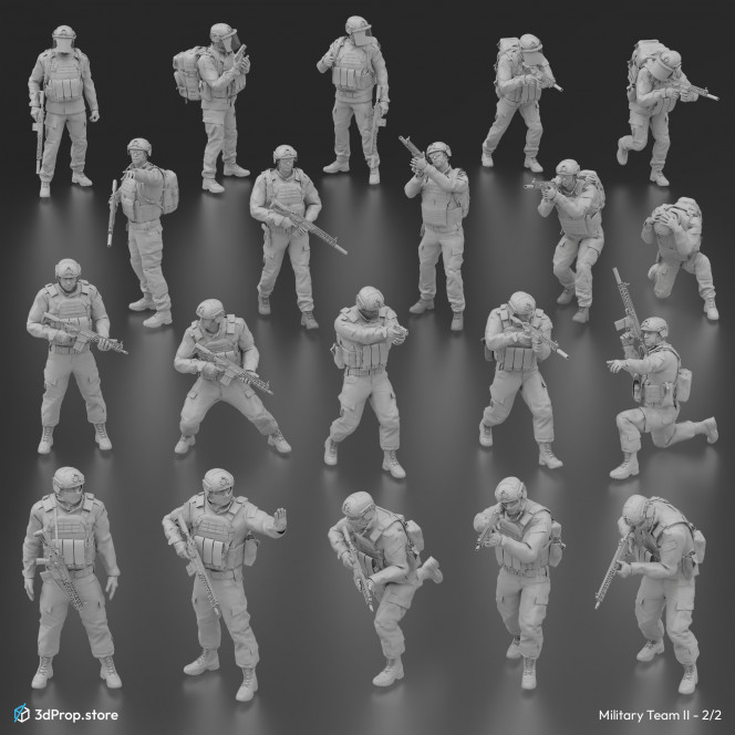 A bundle of 3D characters that are baked character assets.
The characters include 3D modelled and scanned military uniform parts and  weapons.