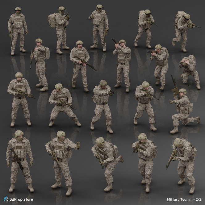 A bundle of 3D characters that are baked character assets.
The characters include 3D modelled and scanned military uniform parts and  weapons.