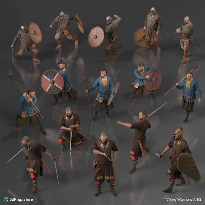 3D scanned costume models with accessories and weapons in a bundle. Representing viking man and woman outfits from the 10th or 11th century.