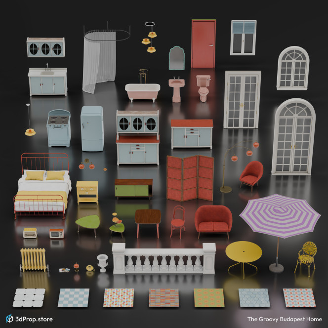 3D scanned and modelled prop and furniture models, 2D textures in a bundle. The items in this collection are representative of a retro home interior from the 1960s-1970s