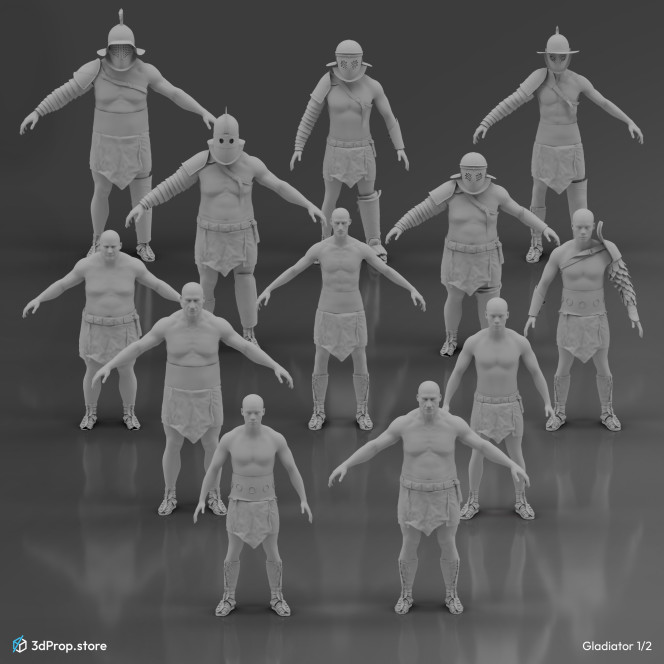 3D models of characters along with their accessories and weapons in a bundle. 
Representing several types of gladiator fighters from the Ancient Roman Empire from the 1st century.