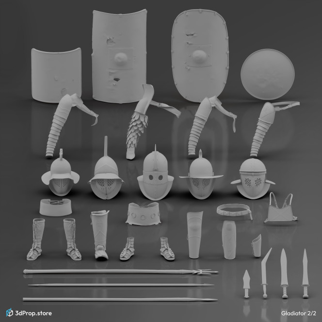 3D models of characters along with their accessories and weapons in a bundle. 
Representing several types of gladiator fighters from the Ancient Roman Empire from the 1st century.