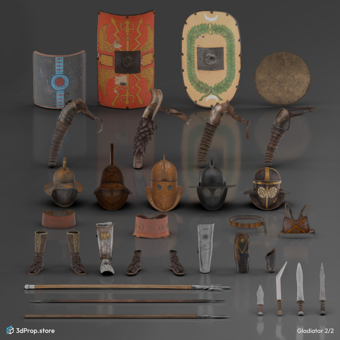 3D models of characters along with their accessories and weapons in a bundle. 
Representing several types of gladiator fighters from the Ancient Roman Empire from the 1st century.