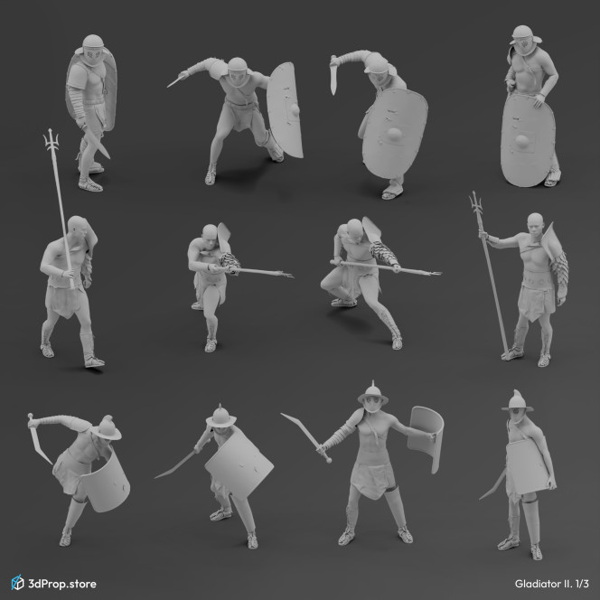 30 Posed 3D  character models in a bundle. 
Representing several types of gladiator fighters from the Ancient Roman Empire from the 1st century.