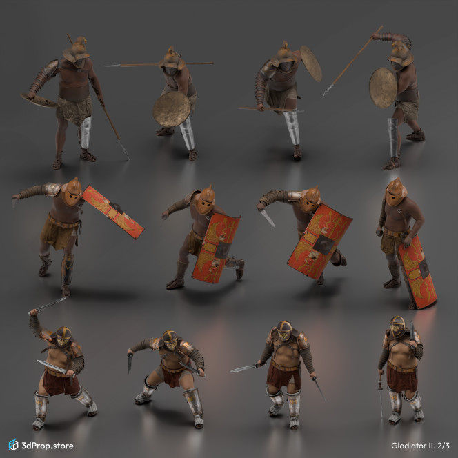 30 Posed 3D  character models in a bundle. 
Representing several types of gladiator fighters from the Ancient Roman Empire from the 1st century.
