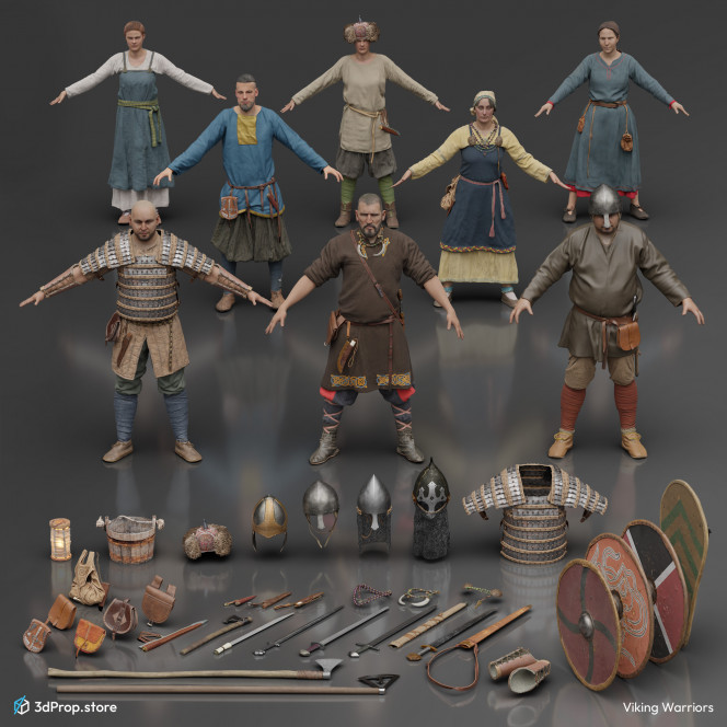 3D scanned costume models with accessories and weapons in a bundle. Representing viking man and woman outfits from the 10th or 11th century.