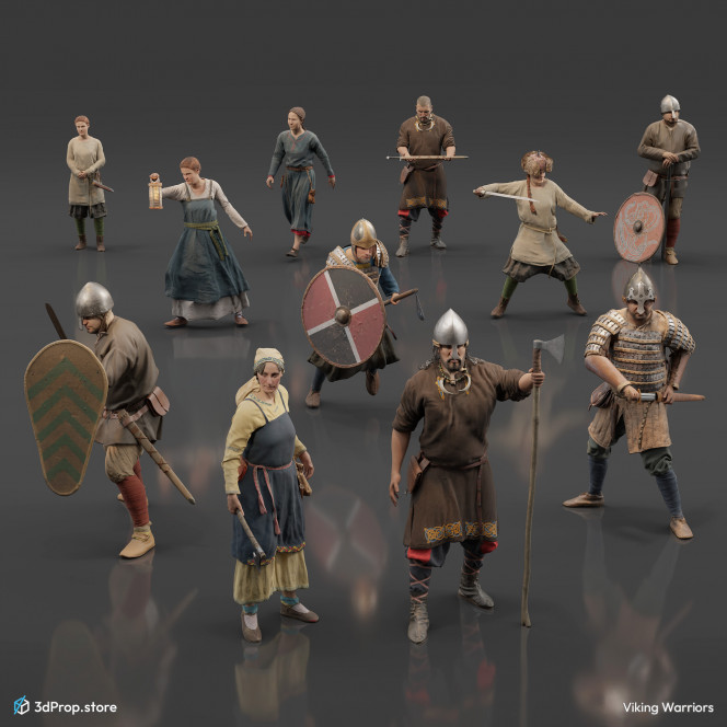 3D scanned costume models with accessories and weapons in a bundle. Representing viking man and woman outfits from the 10th or 11th century.