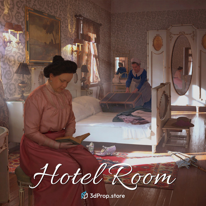 3D scanned and modelled prop, furniture and costume models, and textures in a bundle. The included items are representative of a hotel room from the late 19th Century - early 20th Century.