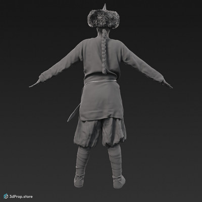 3D scan of a  viking warrior woman standing in an A posture, wearing leather and wool clothes, from 980, Europe.