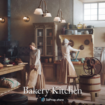 3D scanned prop, furniture, and costume models and textures in a bundle. It represents a bakery kitchen from the early 20th century.