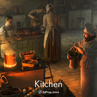 3D scanned prop, furniture, and costume models and textures in a bundle. It represents a kitchen from the early 20th century.