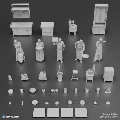 3D scanned prop, furniture, and costume models and textures in a bundle. It represents a bakery kitchen from the early 20th century.