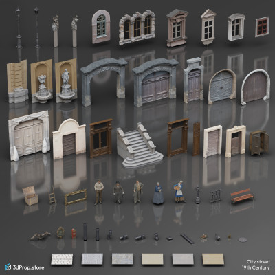 3D scanned and made by photogrammetry prop, furniture and costume models, and textures in a bundle. The included items are representative of a city street scene from the late 19th Century - early 20th Century.