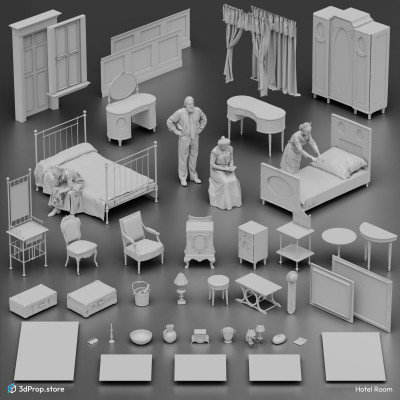3D scanned and modelled prop, furniture and costume models, and textures in a bundle. The included items are representative of a hotel room from the late 19th Century - early 20th Century.