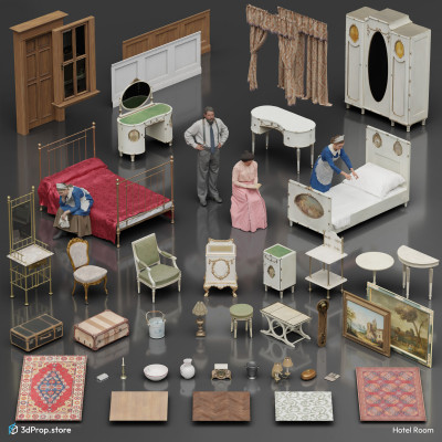 3D scanned and modelled prop, furniture and costume models, and textures in a bundle. The included items are representative of a hotel room from the late 19th Century - early 20th Century.