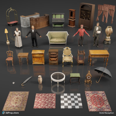 3D scanned and modelled prop, furniture and costume models, and 2D textures in a bundle. The included items are representative of a hotel rwcwption from the late 19th Century - early 20th Century.