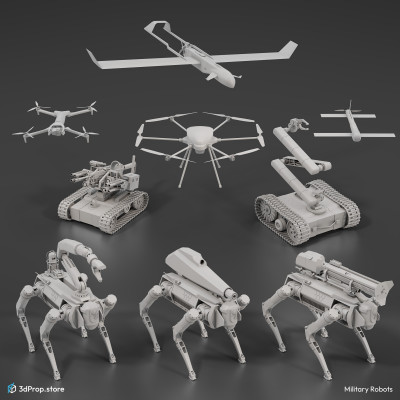 3D modelled quadruped robots, drones, and unmanned vehicles in a bundle. The 3D models showcasing modern military combat equipment and their versatile applications.
