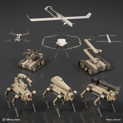 3D modelled quadruped robots, drones, and unmanned vehicles in a bundle. The 3D models showcasing modern military combat equipment and their versatile applications.