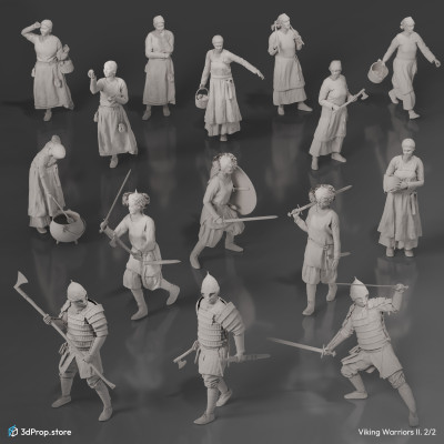 3D scanned costume models with accessories and weapons in a bundle. Representing viking man and woman outfits from the 10th or 11th century.