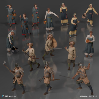 3D scanned costume models with accessories and weapons in a bundle. Representing viking man and woman outfits from the 10th or 11th century.