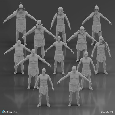 3D models of characters along with their accessories and weapons in a bundle. 
Representing several types of gladiator fighters from the Ancient Roman Empire from the 1st century.