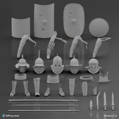 3D models of characters along with their accessories and weapons in a bundle. 
Representing several types of gladiator fighters from the Ancient Roman Empire from the 1st century.