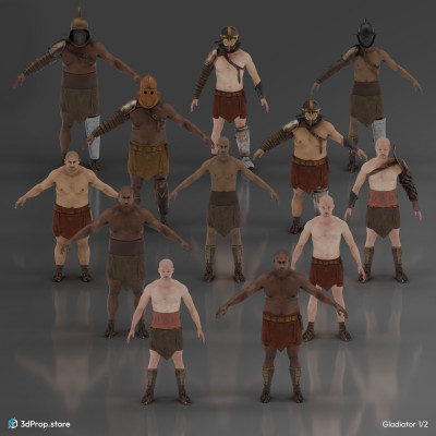3D models of characters along with their accessories and weapons in a bundle. 
Representing several types of gladiator fighters from the Ancient Roman Empire from the 1st century.