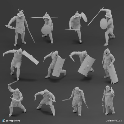 30 Posed 3D  character models in a bundle. 
Representing several types of gladiator fighters from the Ancient Roman Empire from the 1st century.
