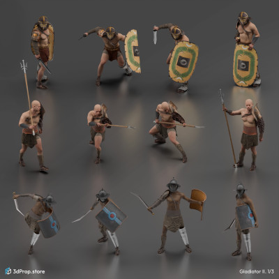 30 Posed 3D  character models in a bundle. 
Representing several types of gladiator fighters from the Ancient Roman Empire from the 1st century.