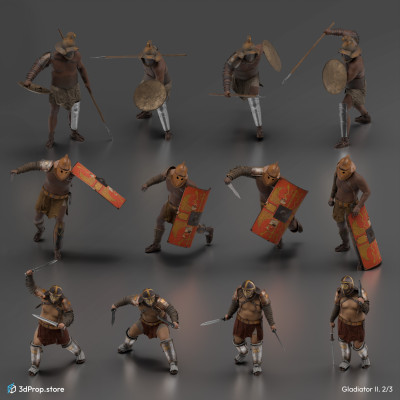 30 Posed 3D  character models in a bundle. 
Representing several types of gladiator fighters from the Ancient Roman Empire from the 1st century.
