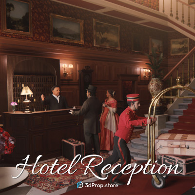 3D scanned and modelled prop, furniture and costume models, and 2D textures in a bundle. The included items are representative of a hotel rwcwption from the late 19th Century - early 20th Century.