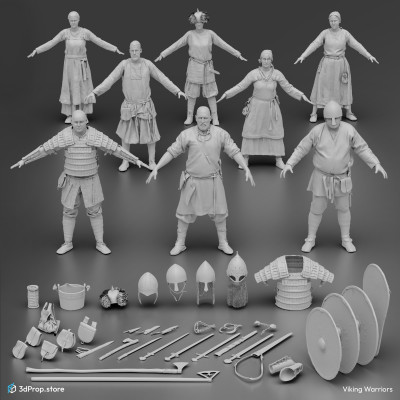 3D scanned costume models with accessories and weapons in a bundle. Representing viking man and woman outfits from the 10th or 11th century.