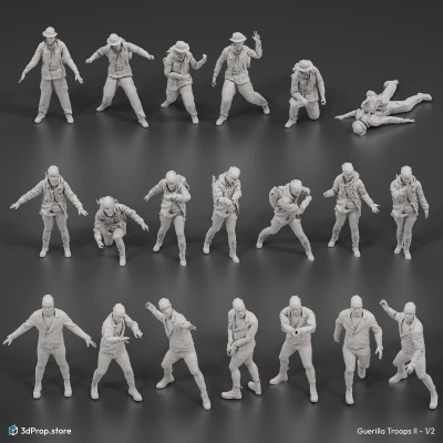 A bundle of 3D scanned  A-pose characters that are rigged and reposed. Representing a bunch of people who could be part of a resistance rebellion in the late 20th century or early 21th century.