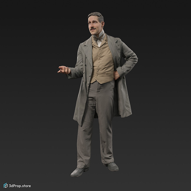 3d scan of an ellegant standing man clothed in 1870s West-Europen fashion suitable for middle class men.